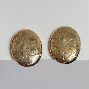 Vintage BIRKS Gold Sterling Silver Engraved Floral Oval Clip On Stud Earrings